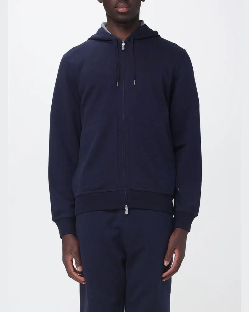 Brunello Cucinelli Baumwoll-Kapuzenjacke mit durchgehendem Reißverschluss und Kordelzug Blau