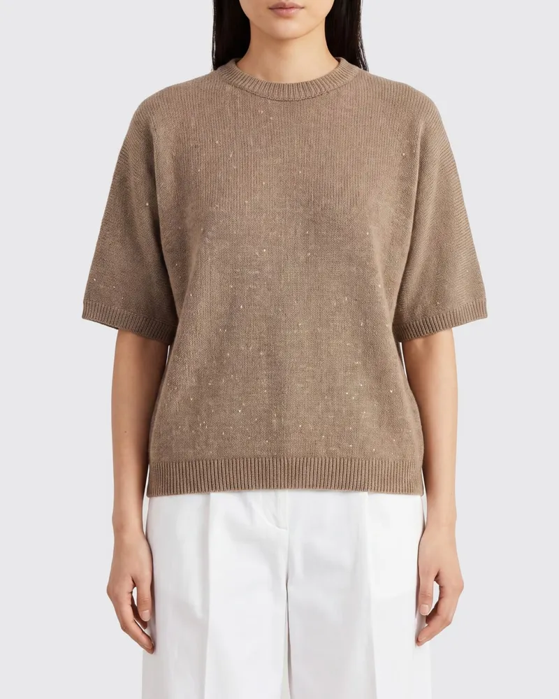 Brunello Cucinelli V-Ausschnitt-Pullover aus Kaschmir und Seide mit Pailletten Beige