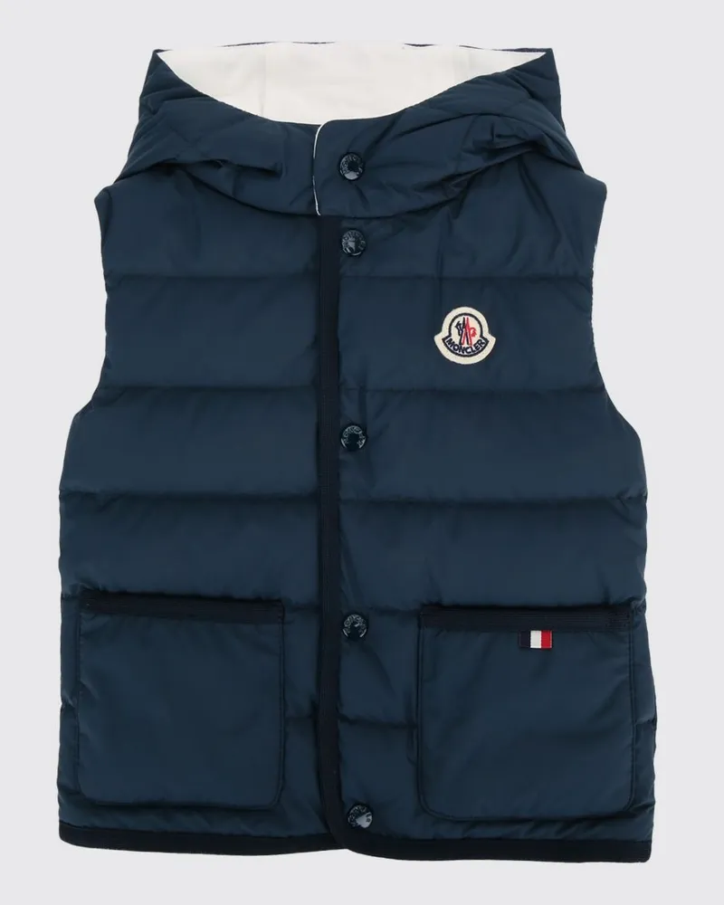 Moncler Gesteppte Nylonweste mit Kapuze und Logo-Applikation für Jungen Navy