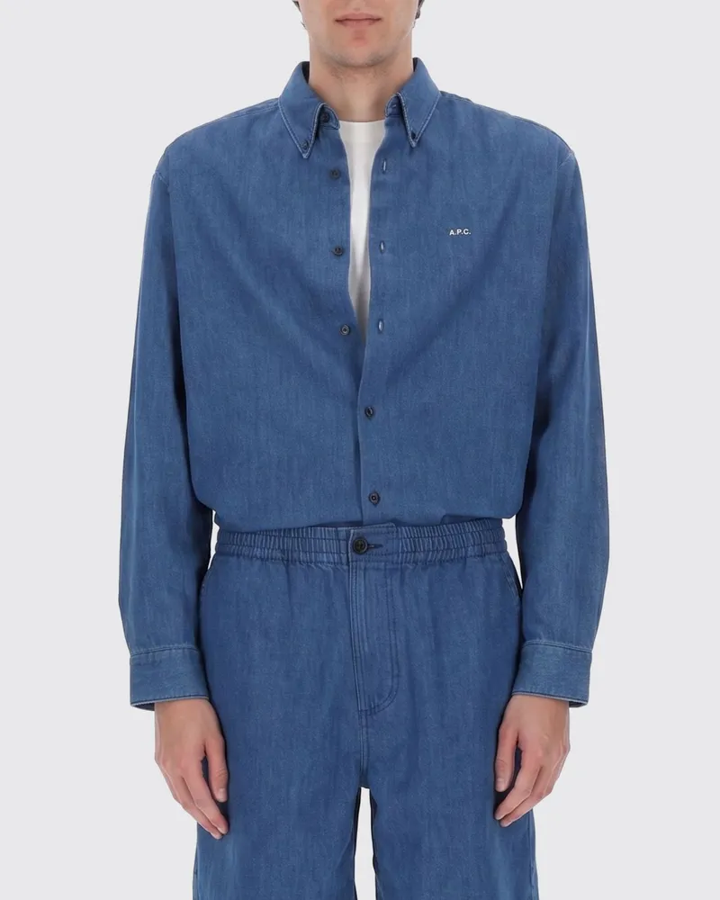 A.P.C. Baumwollhemd mit Button-Down-Kragen und Kontrast-Logo Blau