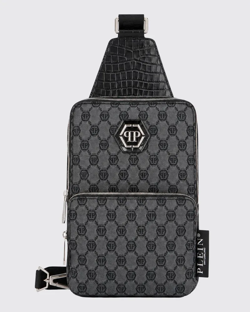 Philipp Plein Crossbody-Tasche aus Leder und Baumwolle mit Monogramm und Hexagon-Logo Schwarz