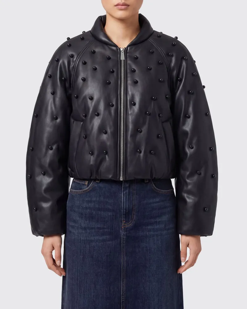 Pinko Bomberjacke aus Kunstleder mit Perlenbesatz und Schalkragen Schwarz