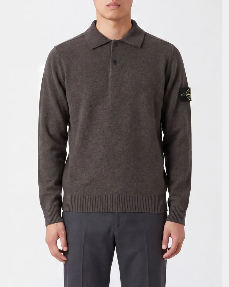 Stone Island Langärmeliges Poloshirt aus reinem Schurwollstrick mit Compass-Logo Grau