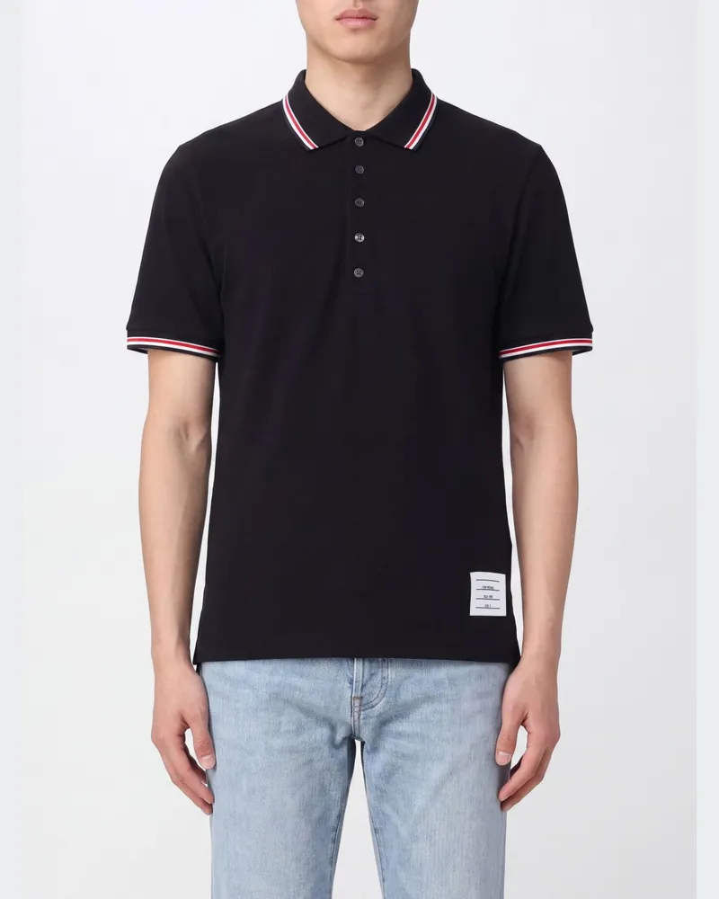 Thom Browne Kurzärmeliges Baumwoll-Poloshirt von mit Kontrastbesätzen Schwarz