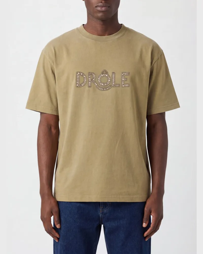 Drôle de Monsieur Rundhals-T-Shirt aus Baumwolle mit kontrastierendem Logo-Print vorne Braun
