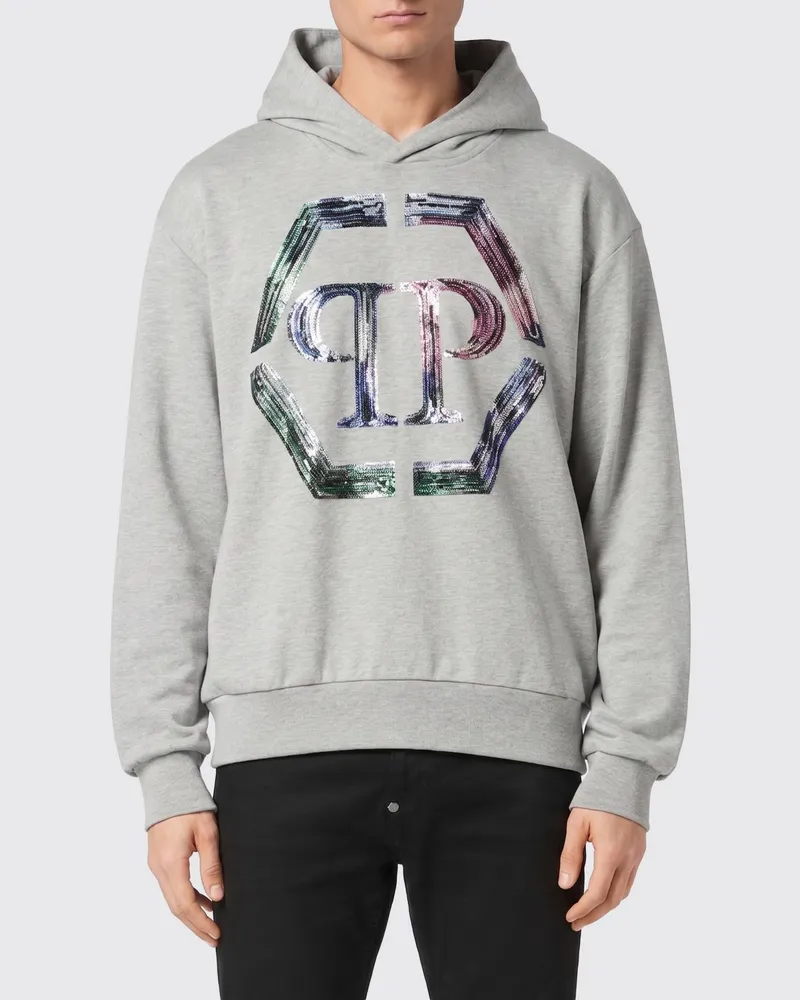 Philipp Plein Baumwoll-Hoodie mit Hexagon-Logo und Monogramm Grau