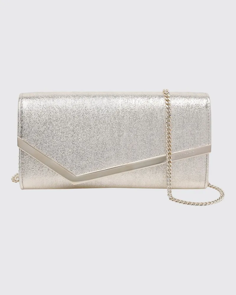 Jimmy Choo Emmie Wallet on Chain aus Lamé-Stoff mit abnehmbarem Riemen Platinum