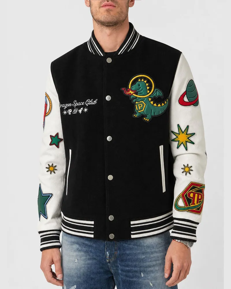 Philipp Plein Varsity-Bomberjacke aus Polyester mit Lammlederärmeln Schwarz