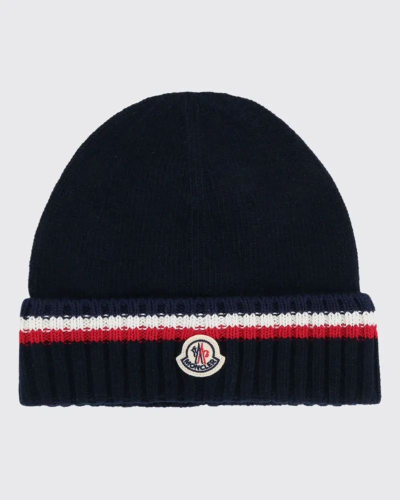 Moncler Mehrfarbig gestreifte Beanie-Mütze für Jungen aus Wolle und Kaschmir Navy