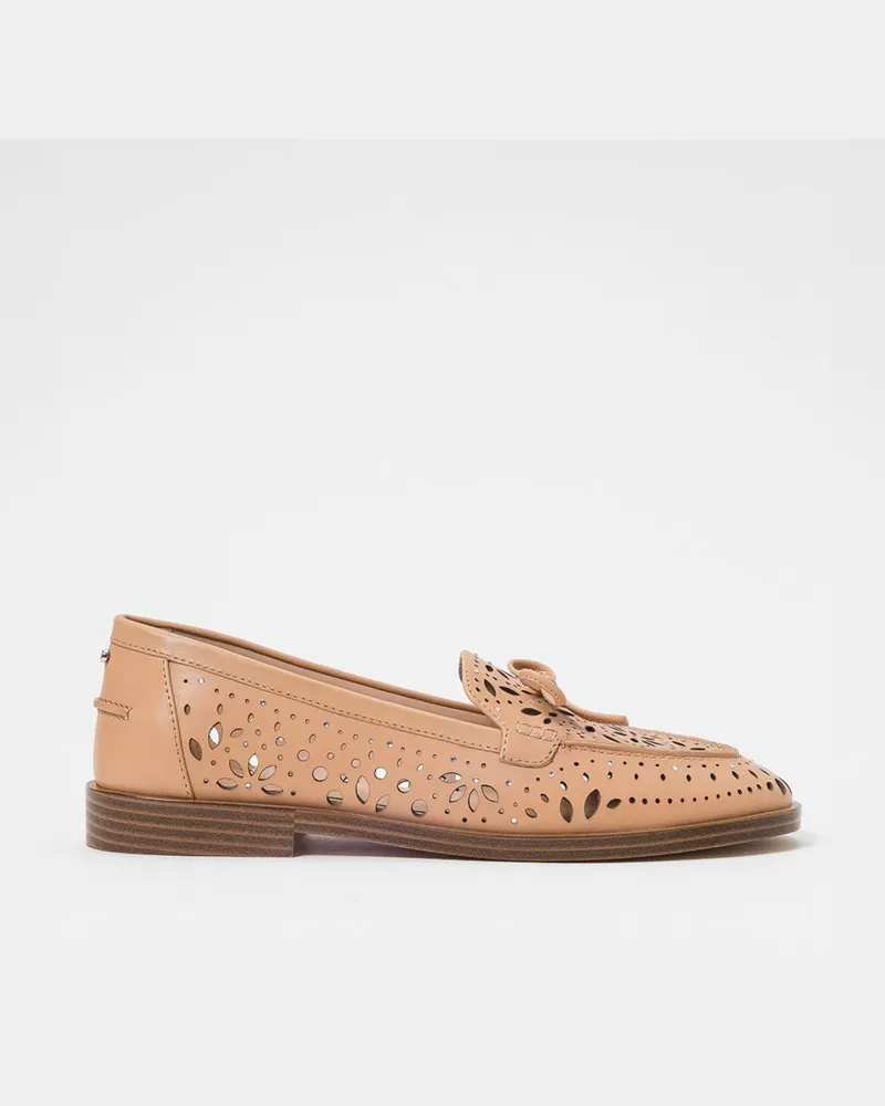 Twin-Set Loafer aus perforiertem Glattleder mit Schleife und Strass-Applikation Sand