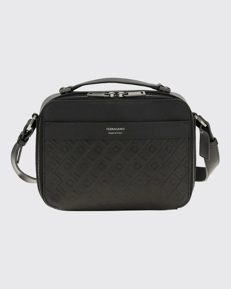 Ferragamo Umhängetasche aus geprägtem Leder mit Gancini-Logo Schwarz