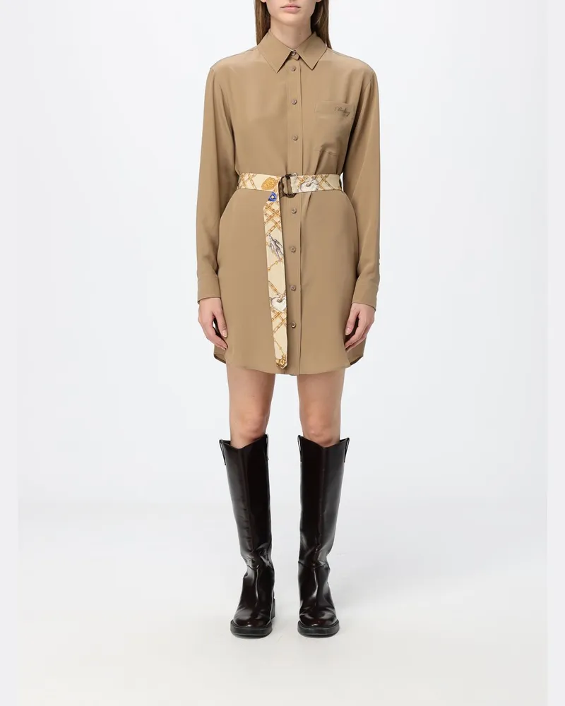 Burberry Seiden-Mini-Hemdblusenkleid mit klassischem Kragen und Taillengürtel Braun