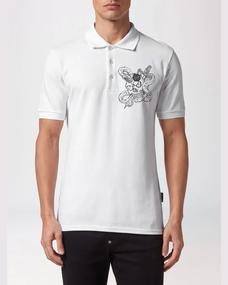 Philipp Plein Kurzärmeliges Baumwoll-Poloshirt mit Allover-Monogramm-Print Weiß
