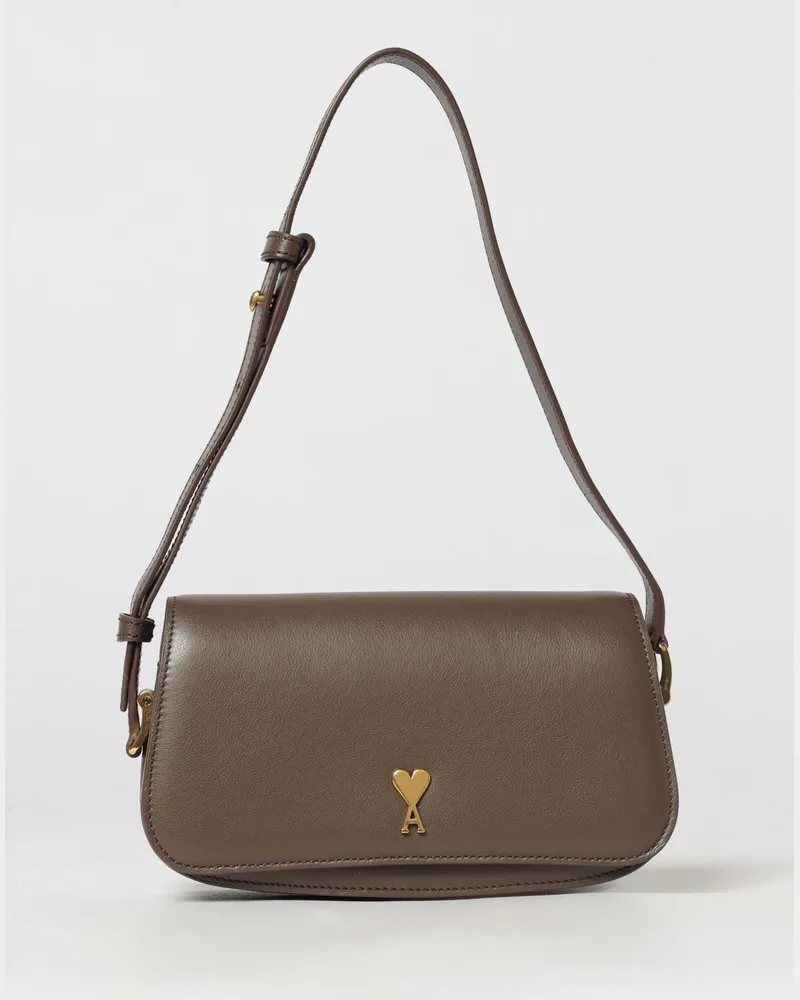 AMI Paris Ami De Coeur Umhängetasche aus Glattleder mit Monogramm und Metall-Logo Braun