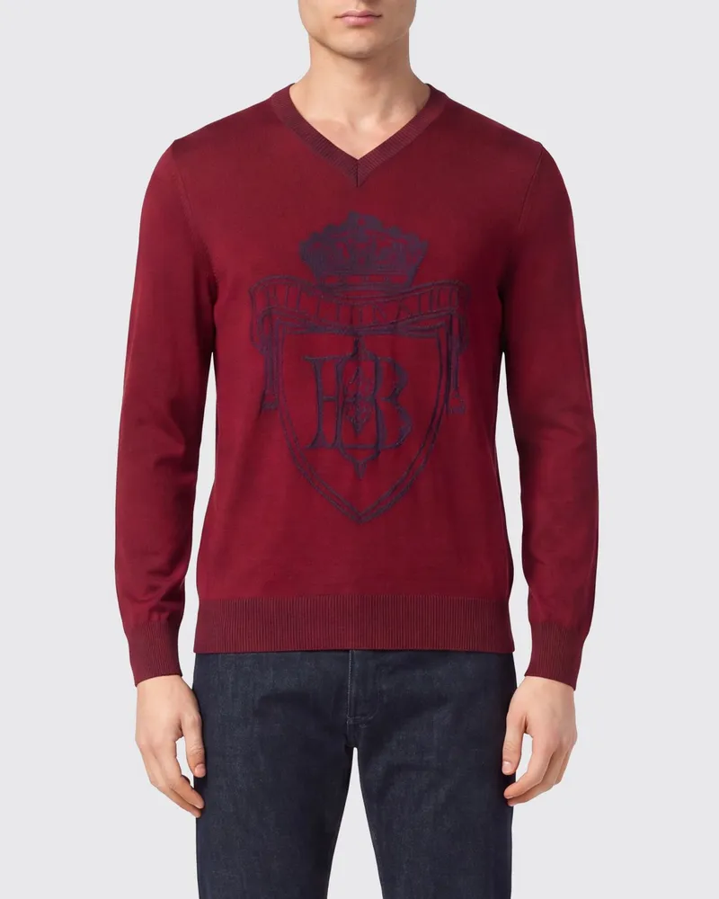 Billionaire V-Ausschnitt-Pullover von aus Wolle und Seide mit Jacquard-Wappen Rot
