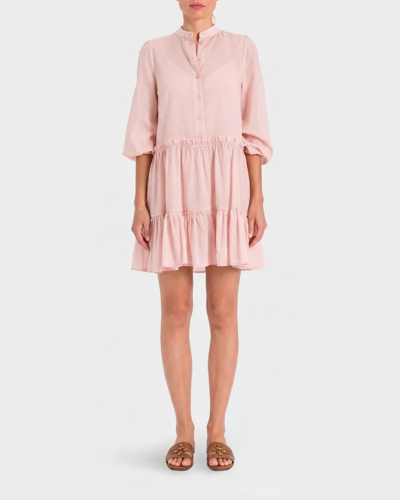 Twin-Set Mini-Hemdblusenkleid aus Baumwolle mit Ballonärmeln und Mandarinkragen Pink