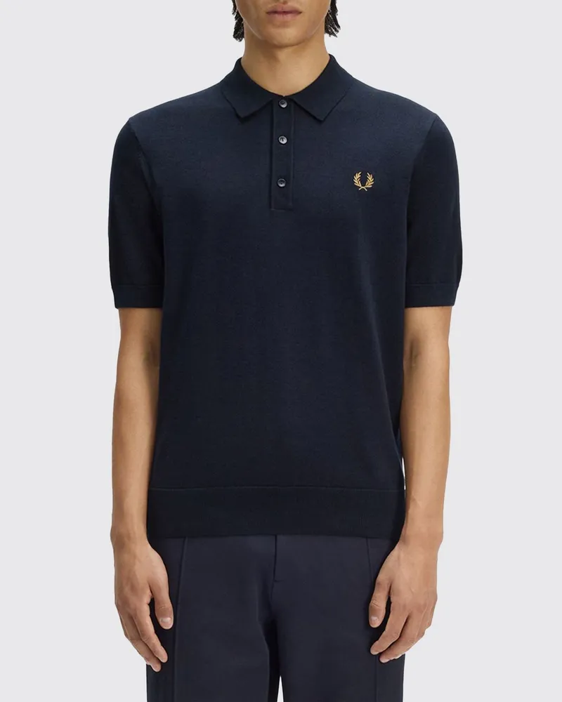 Fred Perry Gestricktes Baumwoll-Polohemd mit 3-Knopf-Leiste und Logo Blau