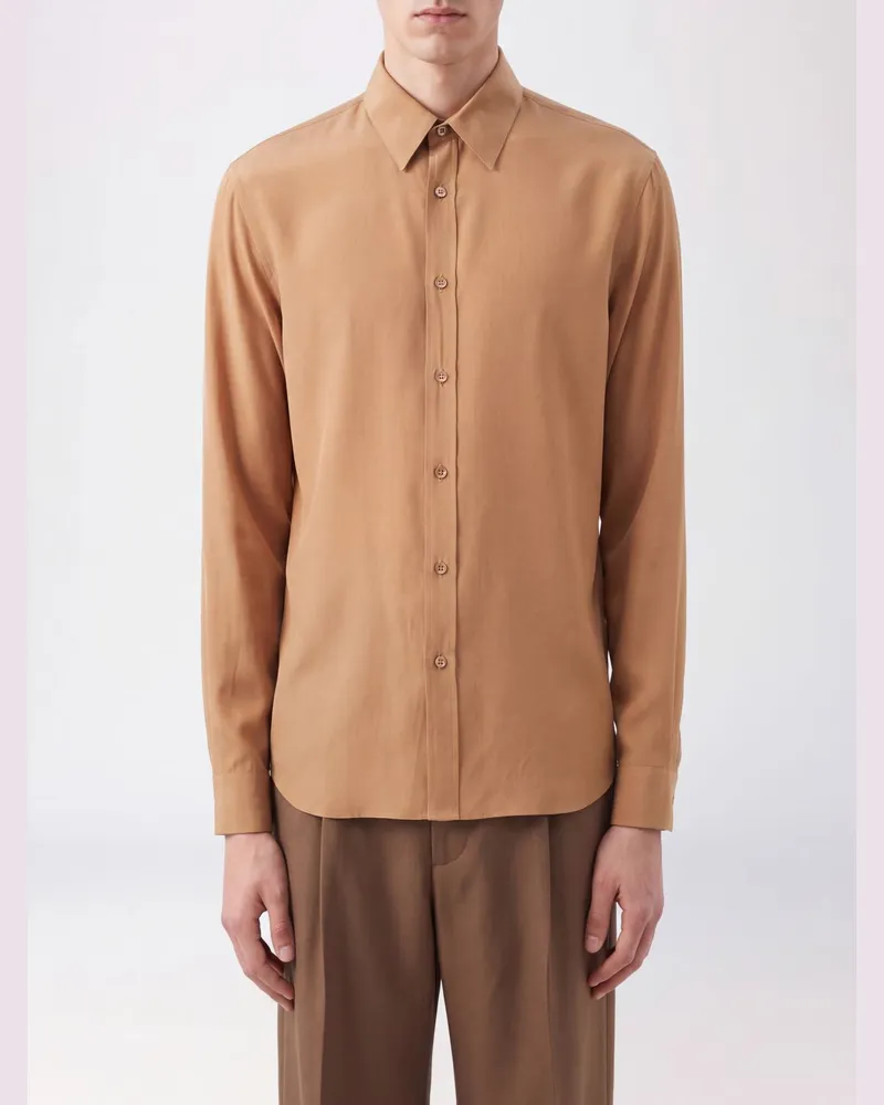 Saint Laurent Hemd aus reiner Seide mit klassischem Kragen und abgerundetem Saum Tabak