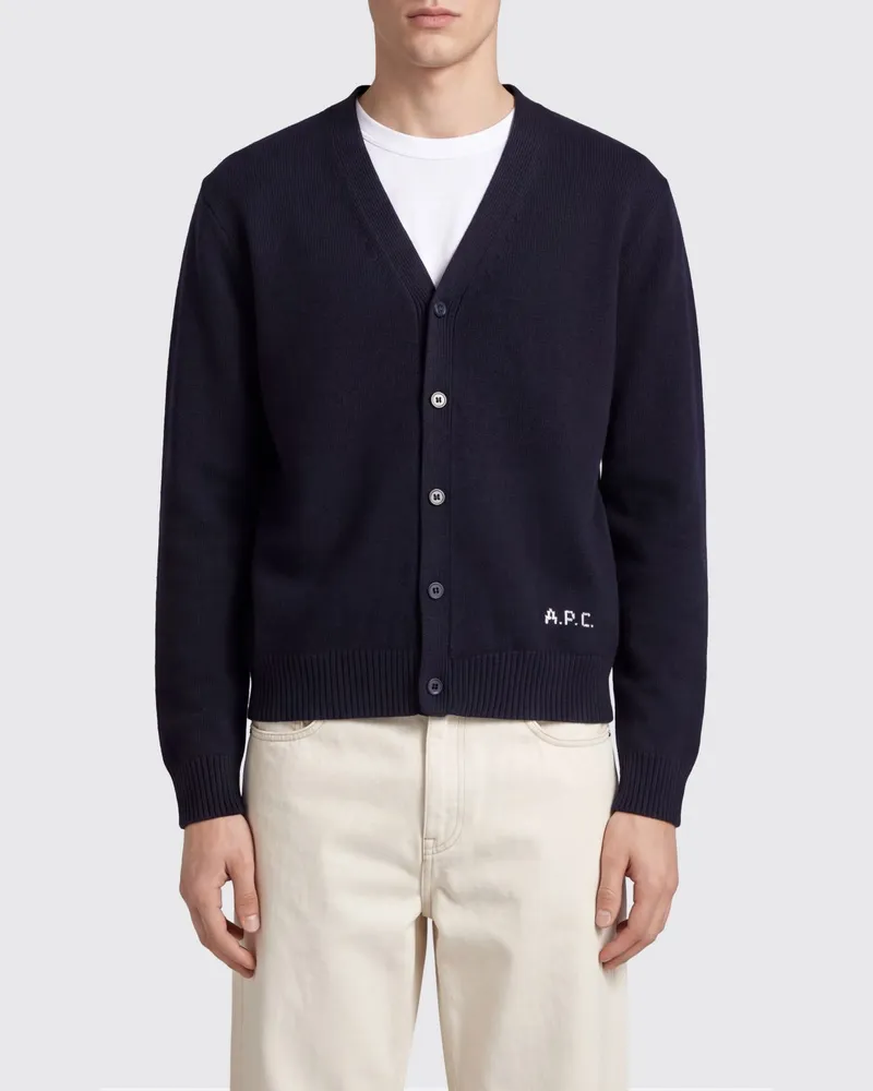A.P.C. V-Ausschnitt Cardigan aus reiner Wolle mit Kontrastlogo Navy