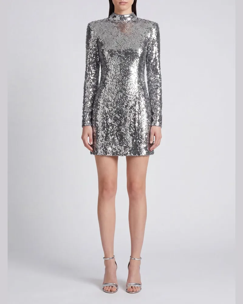 Balmain Paillettenbesticktes Etui-Mini-Abendkleid mit Stehkragen Silber