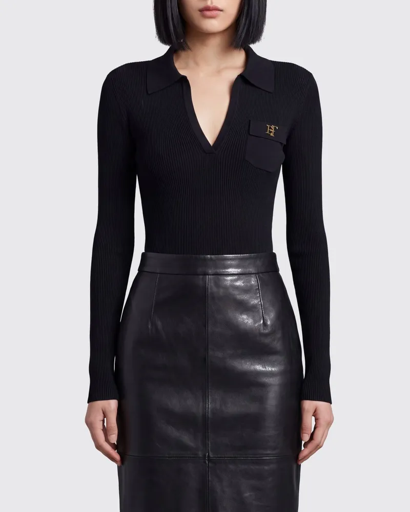 Elisabetta Franchi Slim-Fit Body mit langen Ärmeln, V-Ausschnitt und Rüschen Schwarz