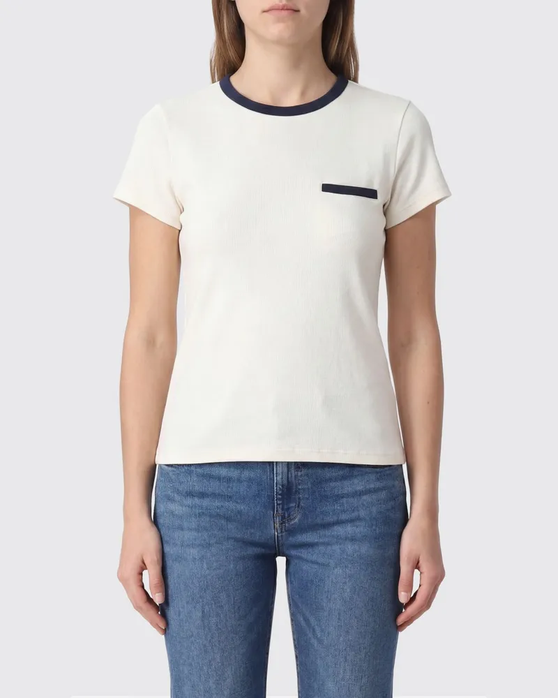 Frame Denim Rundhals-T-Shirt aus Piqué-Baumwolle mit abstraktem Druck und Leistentasche Weiß