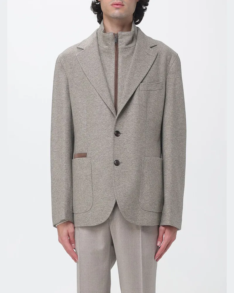Luciano Barbera Einreihiger Strickblazer aus 100% Wolle mit aufgesetzten Taschen Braun