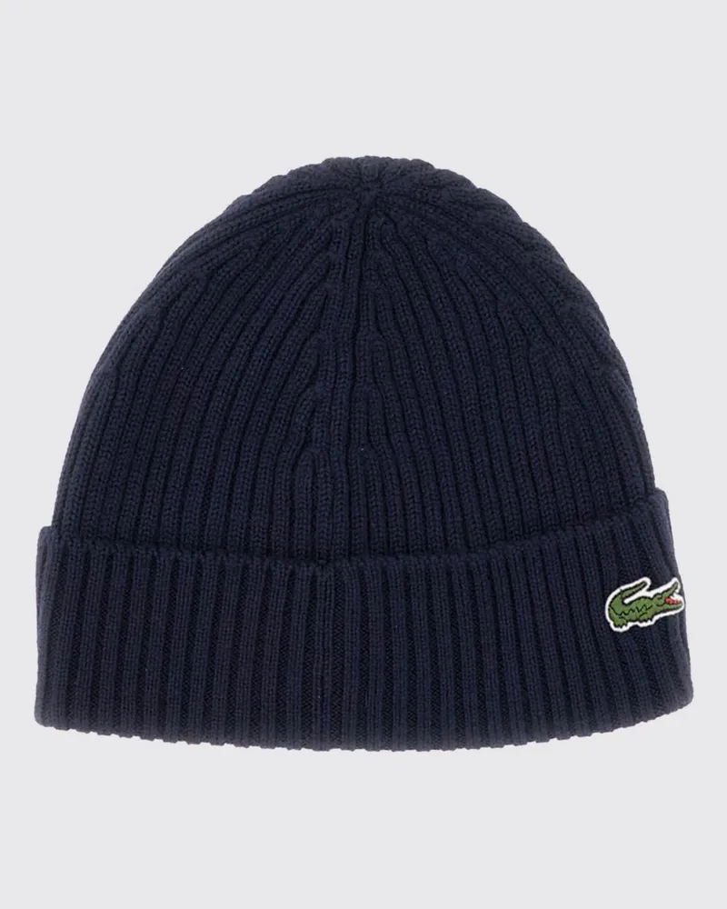 Lacoste Gerippte Beanie-Mütze aus reiner Wolle mit Umschlag und gesticktem Logo Navy