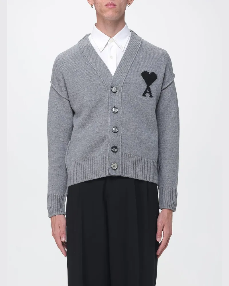 AMI Paris Woll-Cardigan von mit V-Ausschnitt und Logo Grau