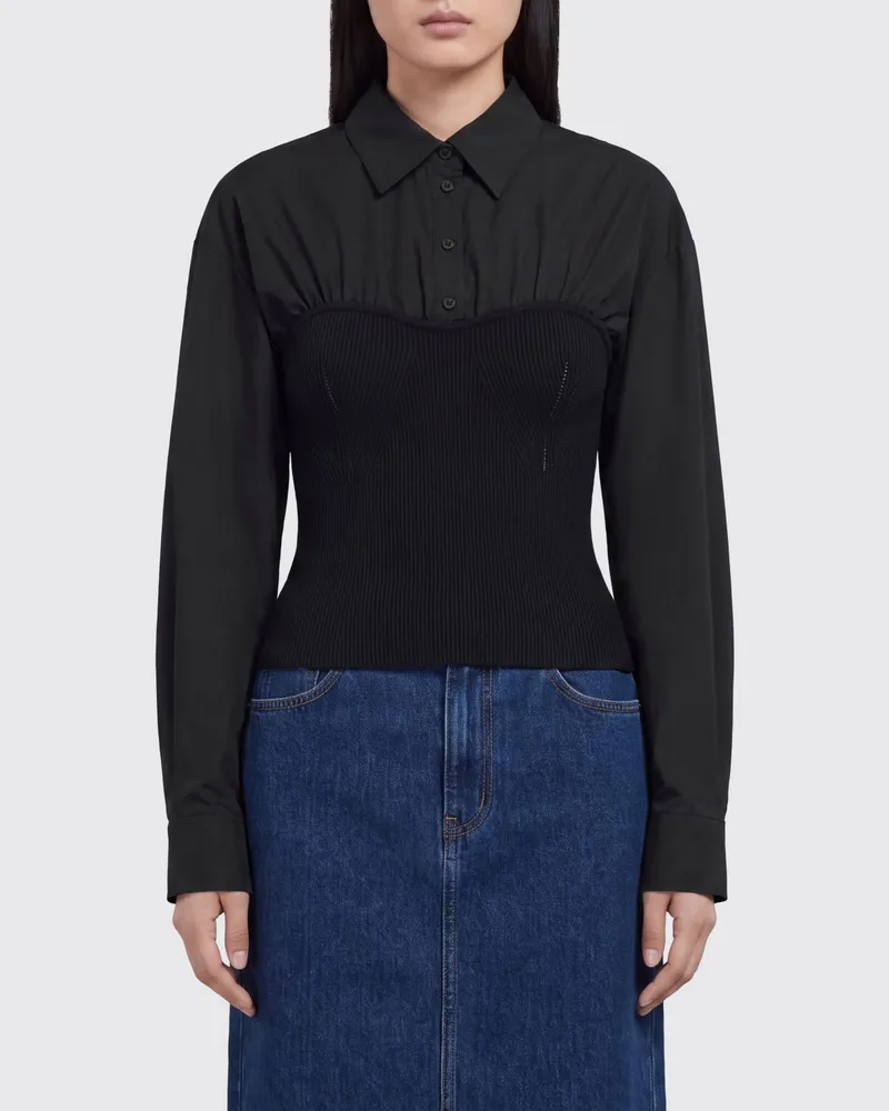 Pinko Slim Fit Korsett-Top aus Viskose mit langen Ärmeln und klassischem Kragen Schwarz