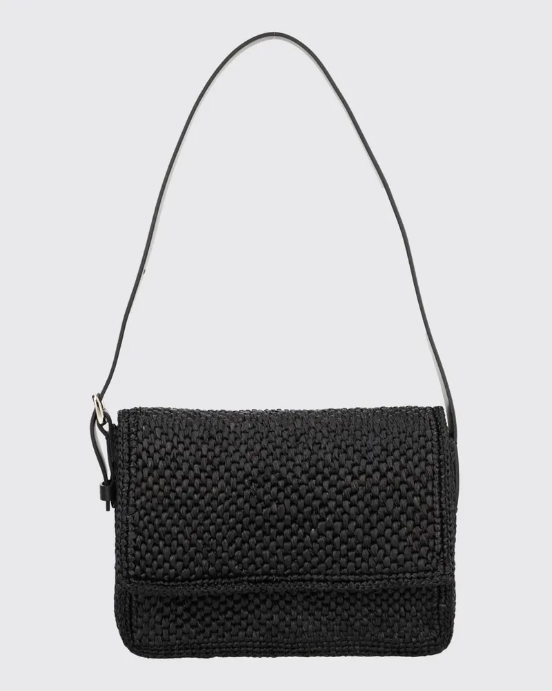 Manebí Kleine Paloma-Schultertasche von aus Häkelbast mit Klappe und Ledergriff Schwarz