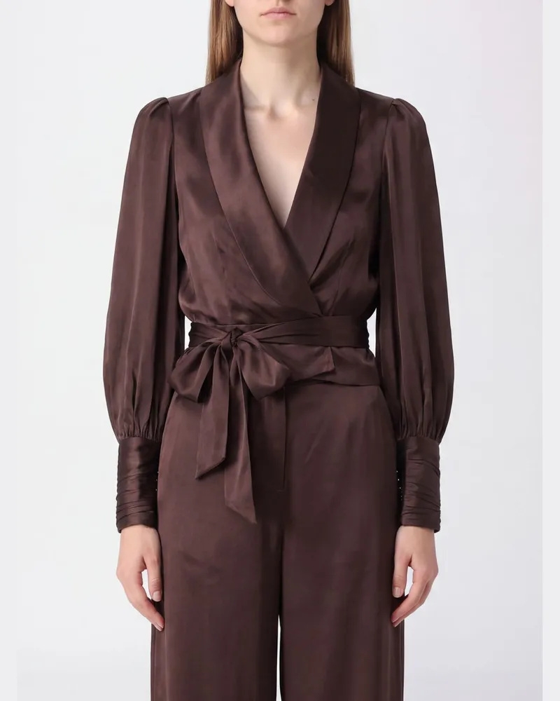 Zimmermann Satinbluse im Morgenmantel-Stil mit Schalkragen und Bindegürtel Kakao