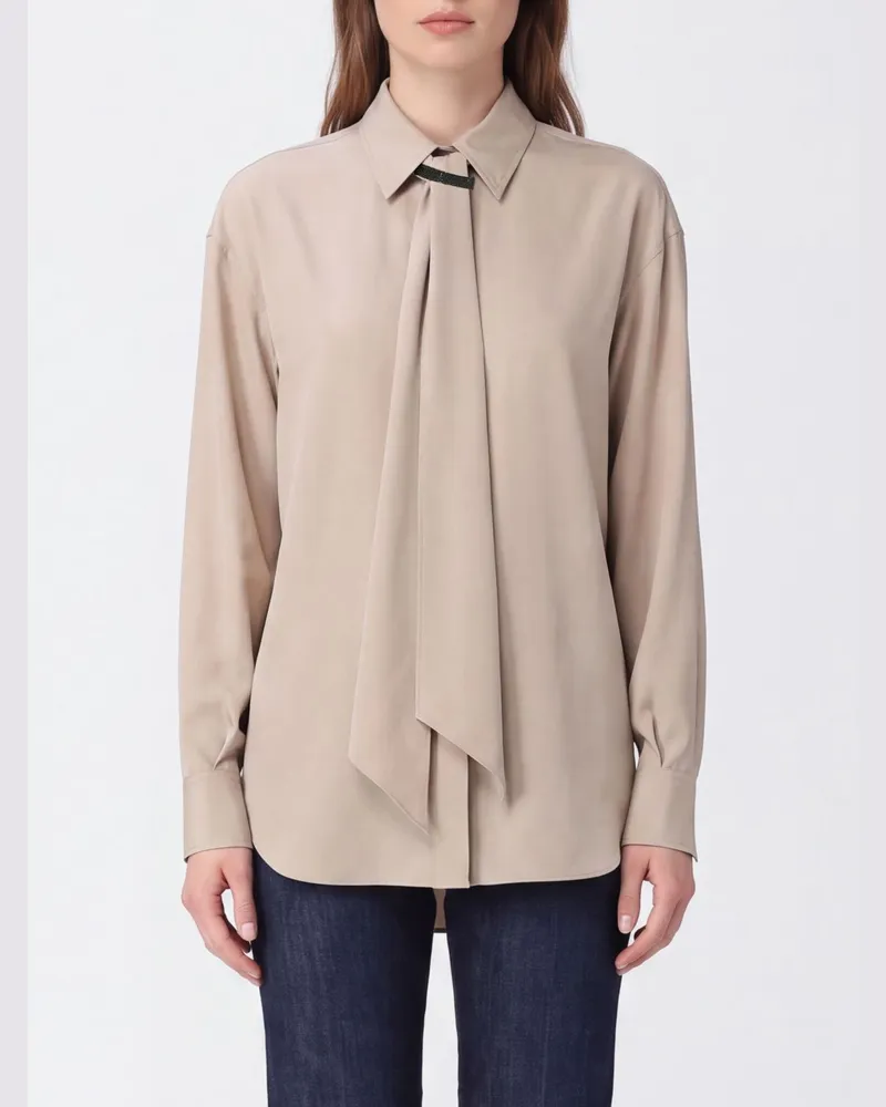 Brunello Cucinelli Hemdbluse aus Baumwollmischung mit verdeckter Knopfleiste Beige