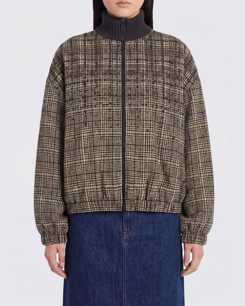 Brunello Cucinelli Bomberjacke in Relaxed Fit aus Prince-of-Wales-Wolle mit Pailletten Braun