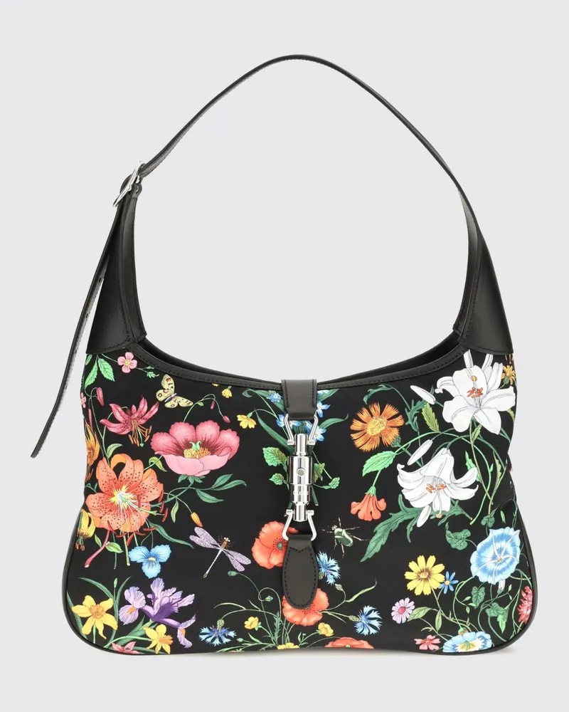 Gucci Jackie 1961 Schultertasche aus Nylon mit Blumenprint und Horsebit-Detail Schwarz