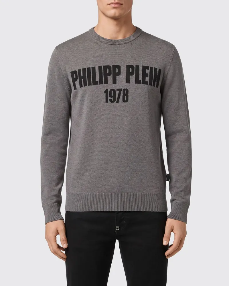 Philipp Plein Rundhalspullover aus Woll-Baumwoll-Mischung mit Jacquard-Logo-Muster Grau