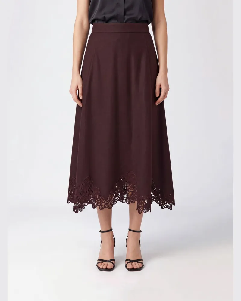 Zimmermann ausgestellter Midi-Rock mit hoher Taille und Spitzeneinsätzen Mahagoni