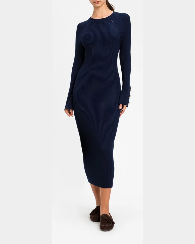Twin-Set Midi-Etuikleid aus Rippstrick mit langen Ärmeln Navy
