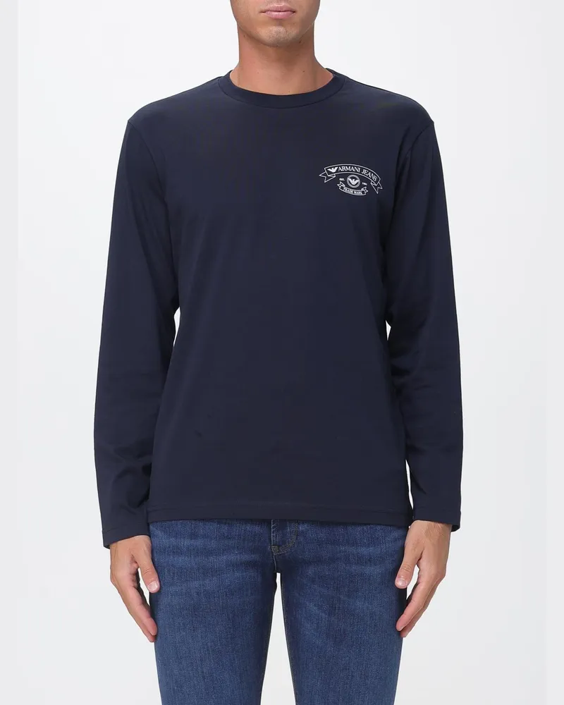 Emporio Armani Langärmeliges Baumwoll-T-Shirt mit Kontrast-Logo Blau