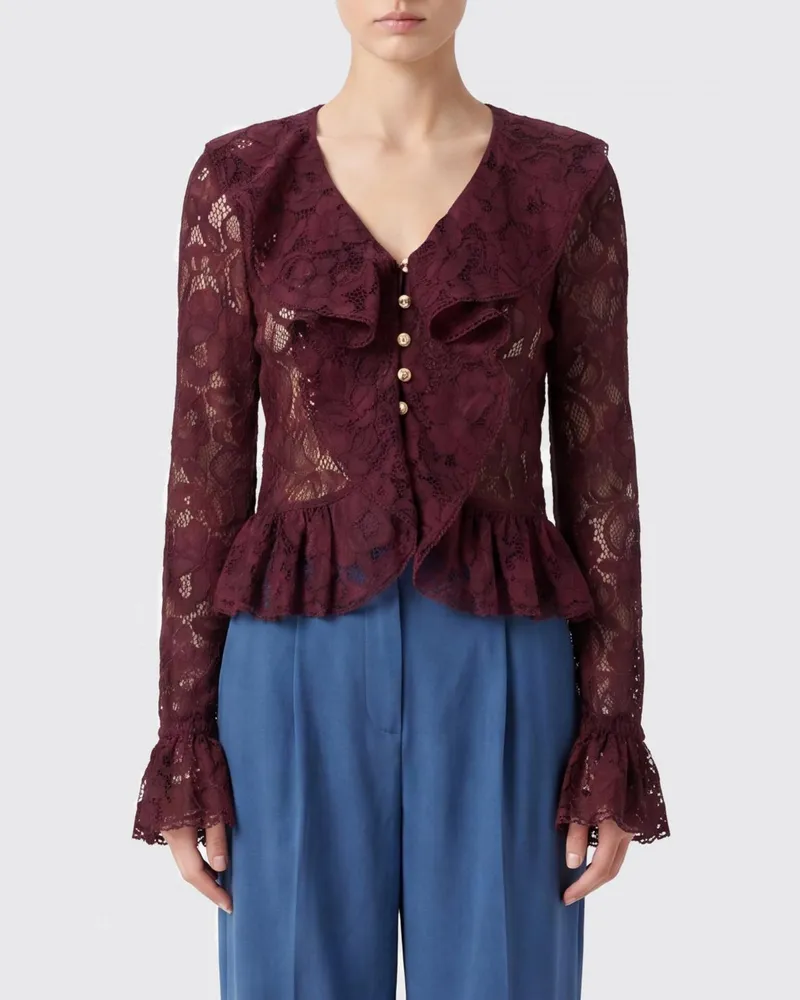 Self-Portrait Langarm-Spitzentop mit V-Ausschnitt und Rüschen Burgunderrot