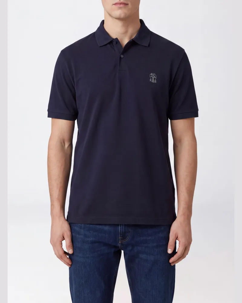 Brunello Cucinelli Kurzärmeliges Baumwoll-Poloshirt von mit gesticktem Logo Blau