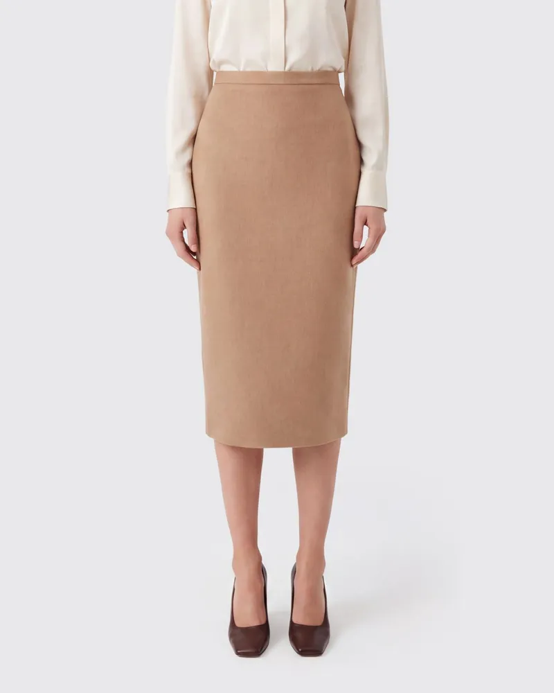 Max Mara Midi-Bleistiftrock aus Wollstrick mit hohem Bund Beige