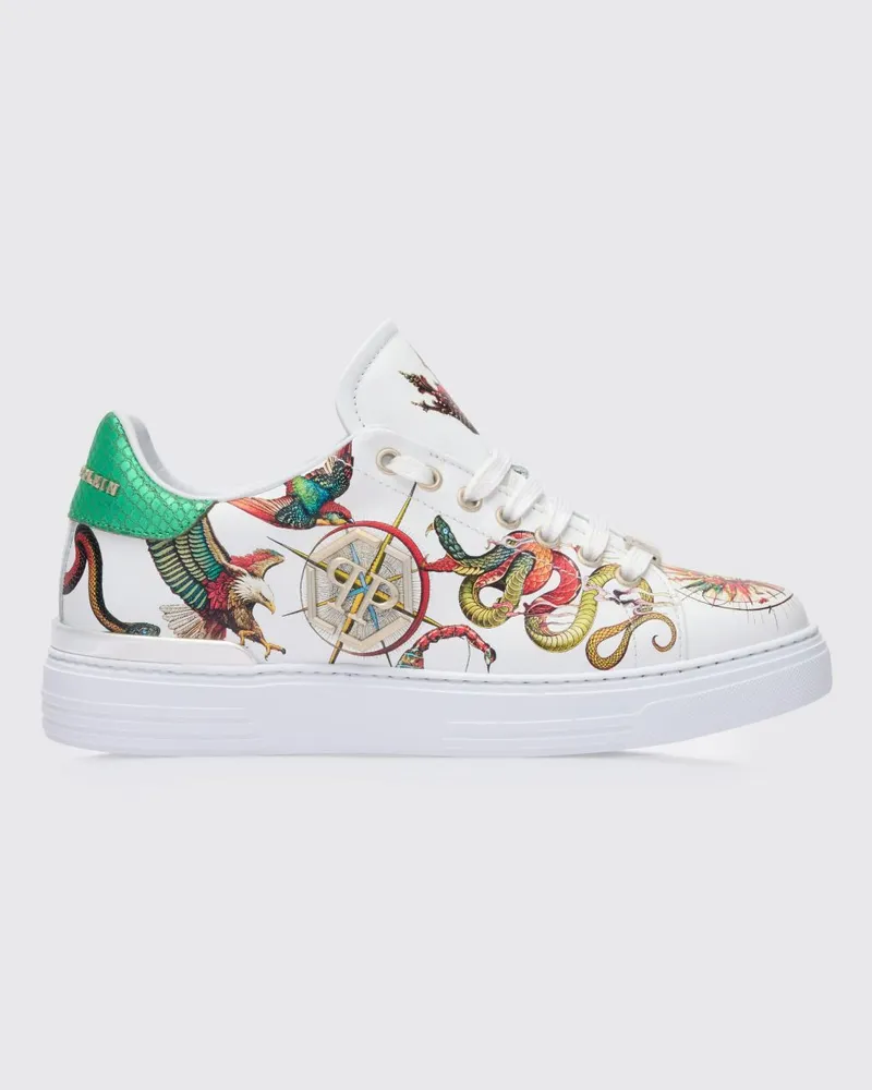Philipp Plein Low-Top-Sneaker aus glattem Kalbsleder mit seitlichem Hexagon-Logo Weiß
