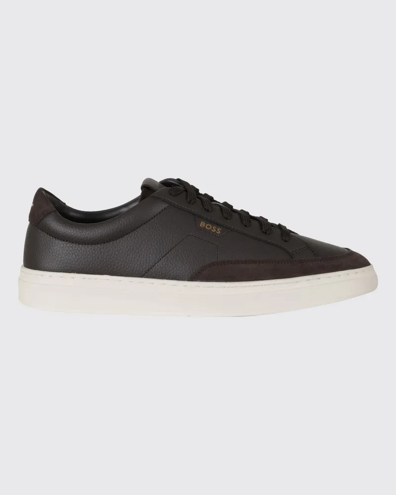 HUGO BOSS Kieran Low-Top-Sneaker aus genarbtem Leder mit Logo-Print Braun