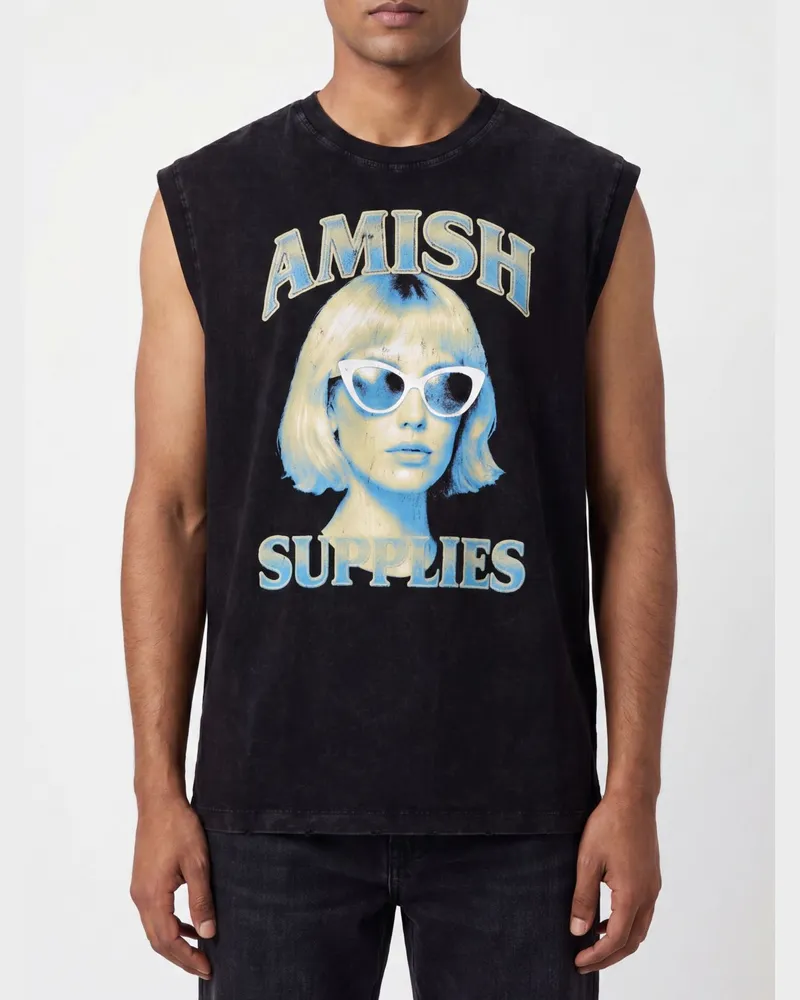 Amish Tanktop aus Baumwolle mit Grafik-Print und Rundhalsausschnitt Schwarz