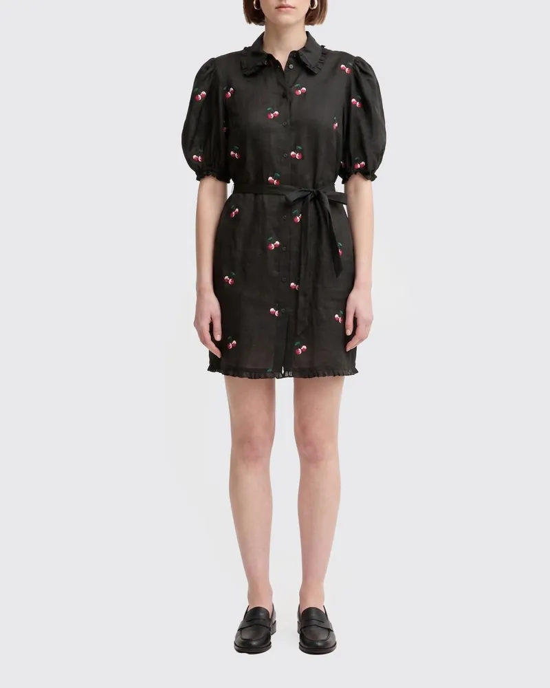 Twin-Set Chemisier-Kleid aus Ramie mit Stickereien Schwarz