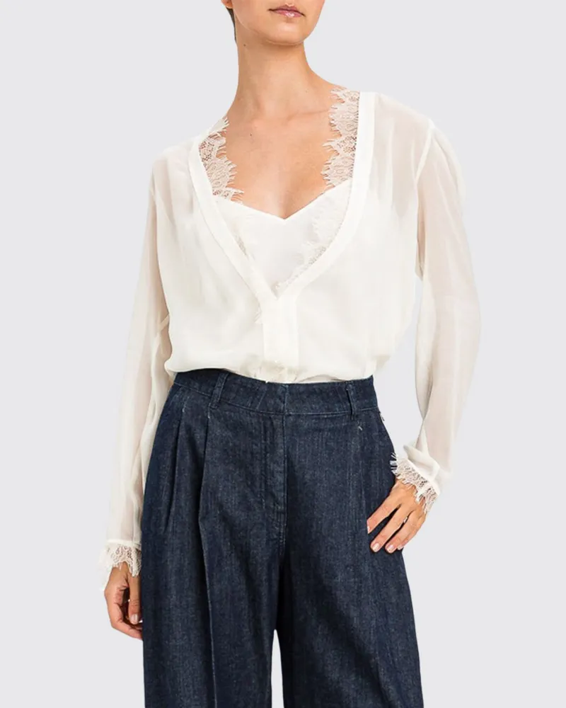 Twin-Set Georgette-Bluse mit Spitzeneinsätzen und V-Ausschnitt Weiß