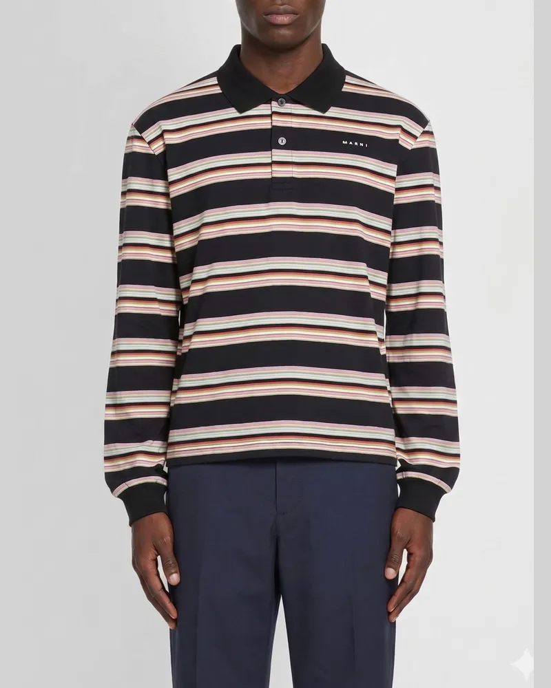 Marni Langärmeliges gestreiftes Baumwoll-Poloshirt mit Kontrastlogo Bunt