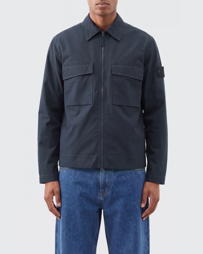 Stone Island Kurze Hemdjacke aus Bio-Baumwoll-Canvas mit Reißverschluss Navy