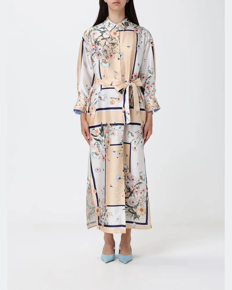 Liu Jo Midi-Hemdblusenkleid aus Satin mit Blumendruck und Gürtel Blau